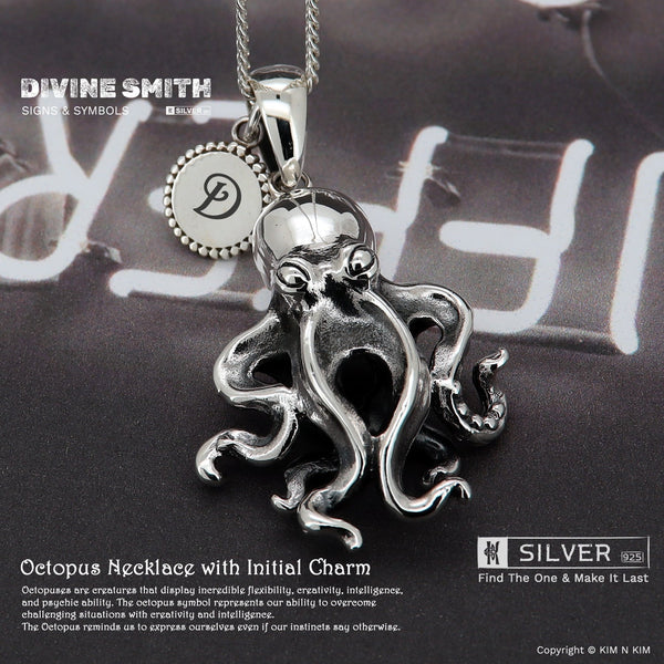 925 Sterling Silver Octopus with Initial Charm Pendant