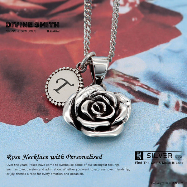 925 Sterling Silver Rose with Initial Charm Pendant