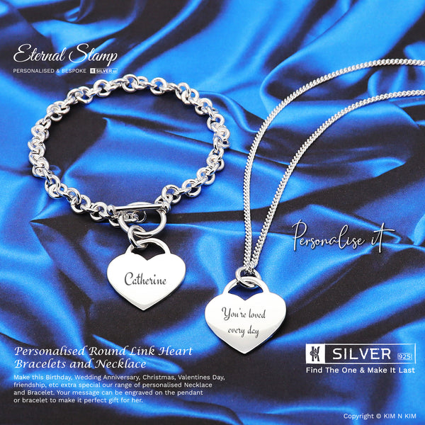 925 Sterling Silver Personalised Round Link Heart Necklace and Bracelet