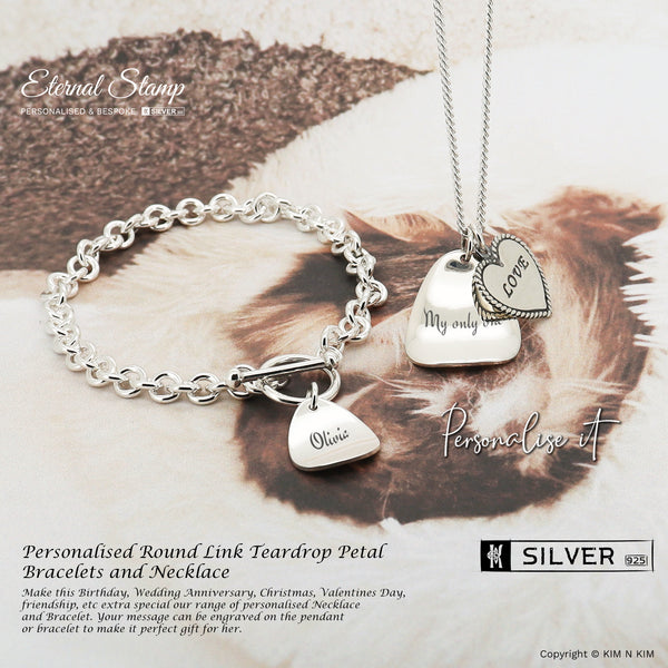 925 Sterling Silver Personalised Teardrop Petal Necklace and Bracelet