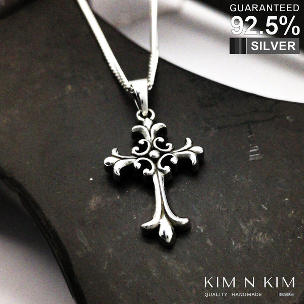 925 Sterling Silver Thick Fleur de Lys Heraldic Lily Cross Pendant Necklace