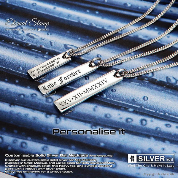Personalised Sterling Silver Bar Necklace – Custom Engraved Name, Date, Coordinates Pendant for Men & Women