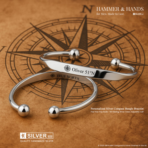 Personalised Silver Compass Bangle Bracelet – 925 Silver Cuff