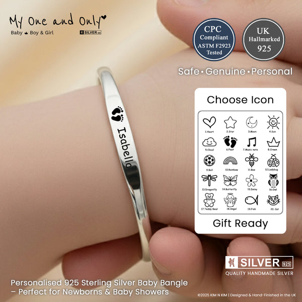 Personalised Baby Bangle – CPC Certified, UK Hallmarked 925 Silver