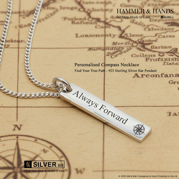 Personalised Compass Necklace - 925 Silver Personalised Bar
