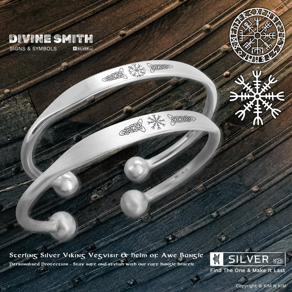 925 Sterling Silver Vegvísir & Helm of Awe Viking Bangle Bracelet