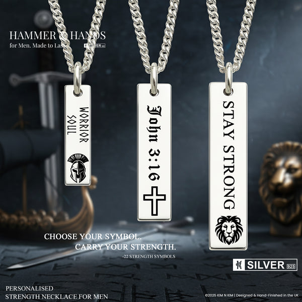 925 Silver Personalised Bar Necklace – 22 Strength Symbols