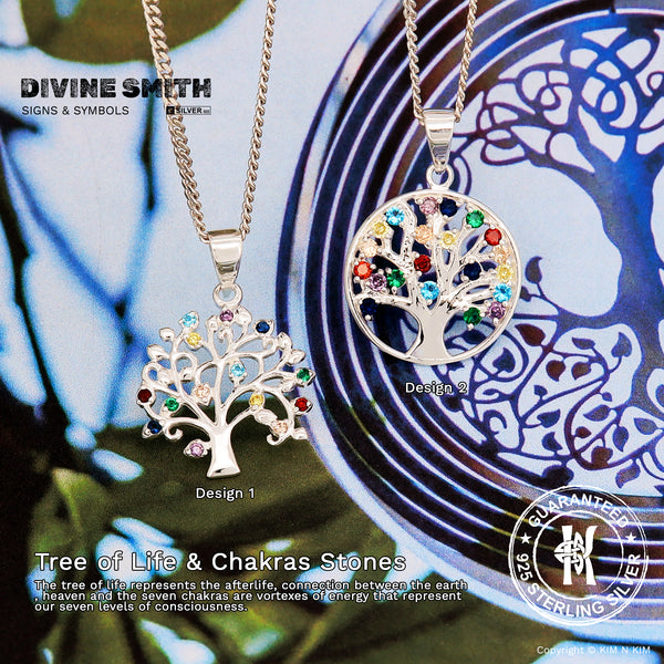 925 Sterling Silver Tree of Life with Chakra Stones Pendant