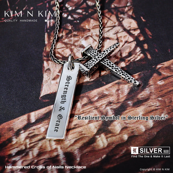 925 Sterling Silver Hammered Cross of Nails Pendant Necklace with Personalised Silver Bar