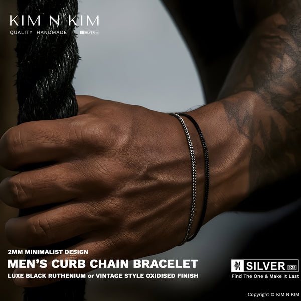 925 Sterling Silver Men’s Thin Bracelet – Oxidised or Black Ruthenium Link Chain