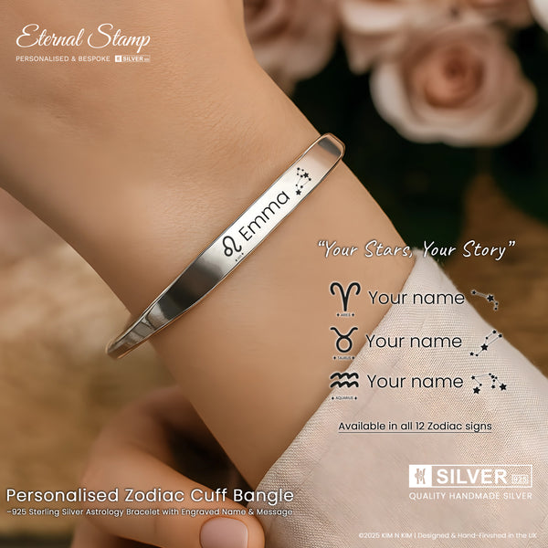 Personalised Zodiac Cuff Bangle – 925 Silver Astrology Bracelet