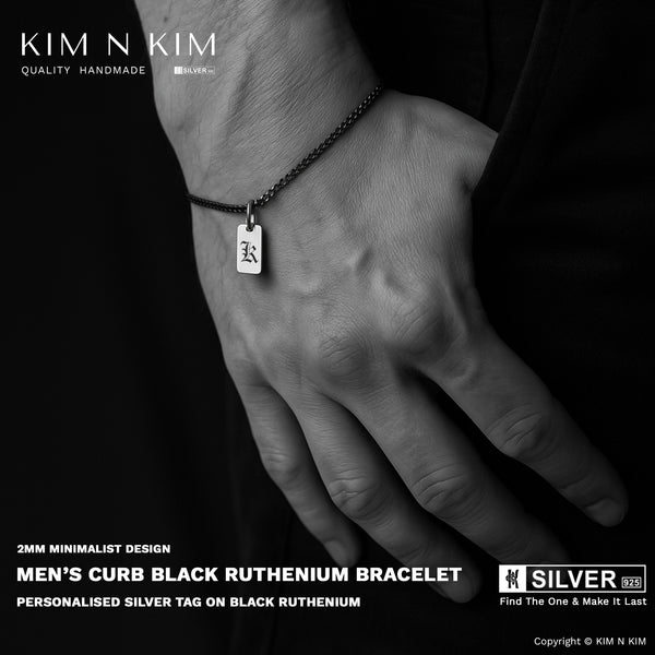 Minimalist Men’s Black Ruthenium 925 Silver Bracelet with Personalised Tag