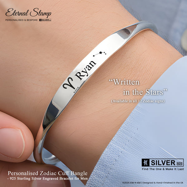 Personalised Zodiac Cuff Bangle – 925 Sterling Silver for Men