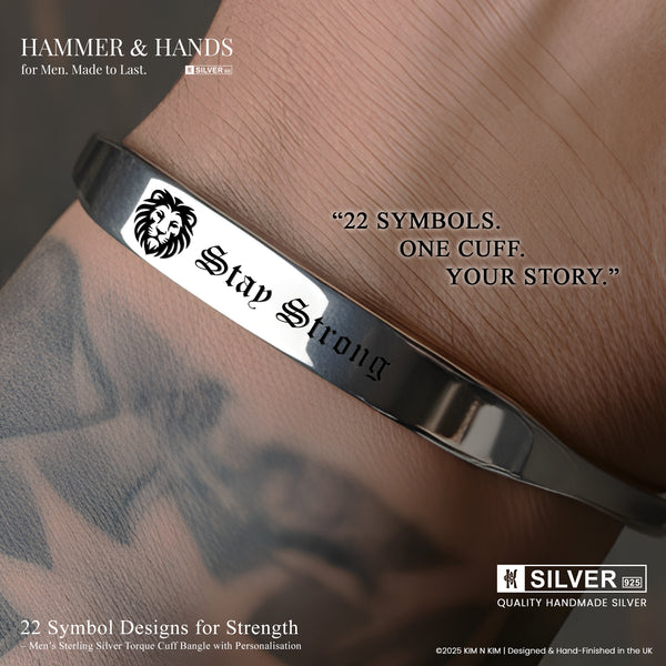 22 Symbol Designs Silver Torque Cuff – Personalised Men’s Bracelet