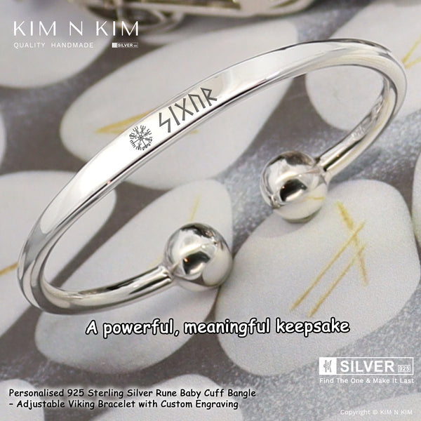 Personalised 925 Sterling Silver Baby Rune Bangle – Engraved Viking Christening Bracelet