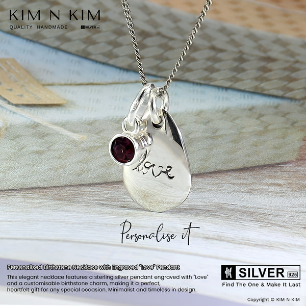 925 Sterling Silver Personalised Birthstone Necklace with Engraved "Love" Pendant Necklace