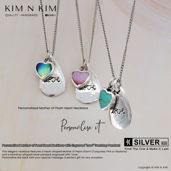 925 Sterling Silver Personalised Mother of Pearl Heart with Engraved "Love" Pendant Necklace