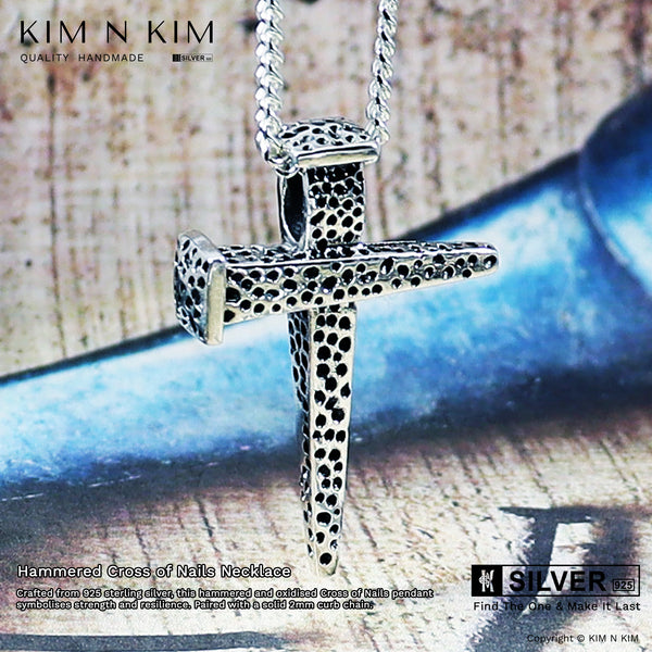 925 Sterling Silver Hammered Cross of Nails Pendant Necklace with Curb Chain