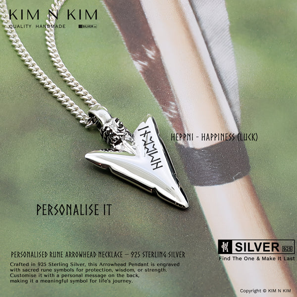 925 Sterling Silver Sacred Rune Arrowhead Pendant Necklace