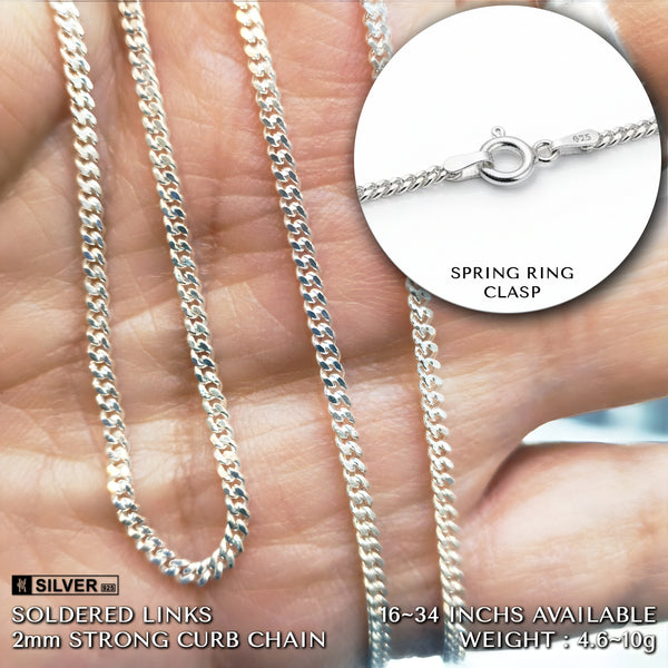 925 Sterling Silver 16 - 34 Inch 2mm Wide Strong Curb Chain Necklace / Solid / Quality