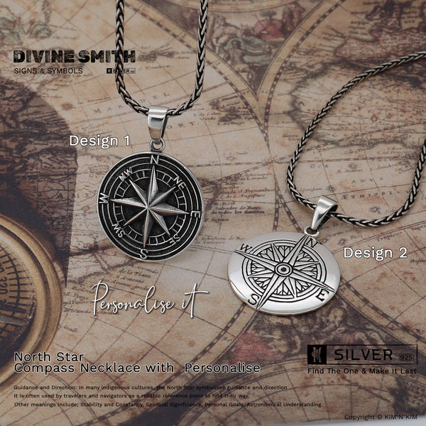 925 Sterling Silver Compass Rose/ North Star Pendant