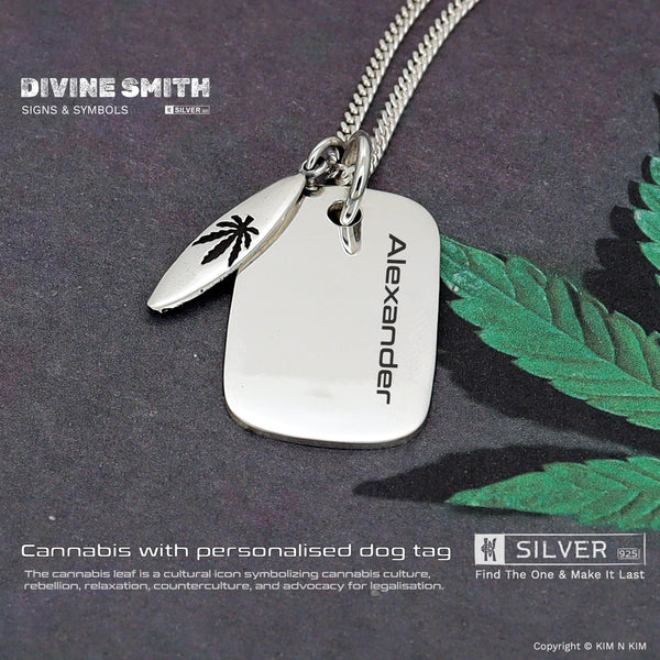 925 Sterling Silver Cannabis Weed with Dog Tag Necklace