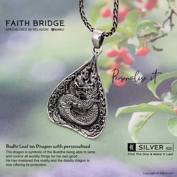 925 Sterling Silver Bodhi Leaf on Dragon with Personalised Necklace Pendant