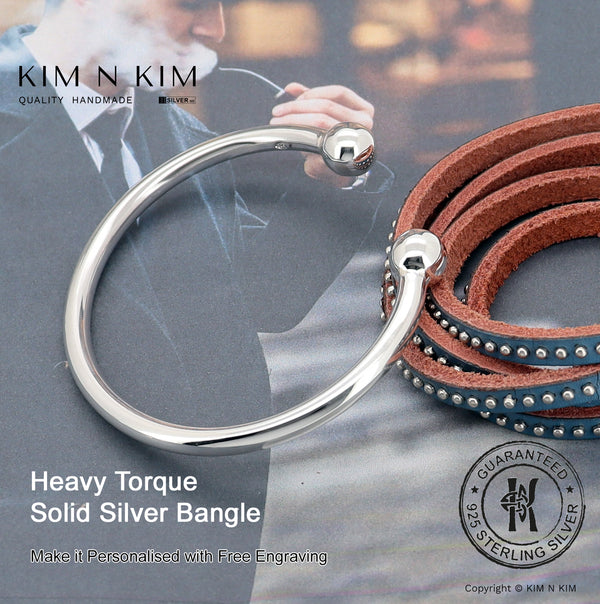 925 Sterling Silver Heavy Torque Bangle Bracelet - Large Fits for 7"~ 8.5"