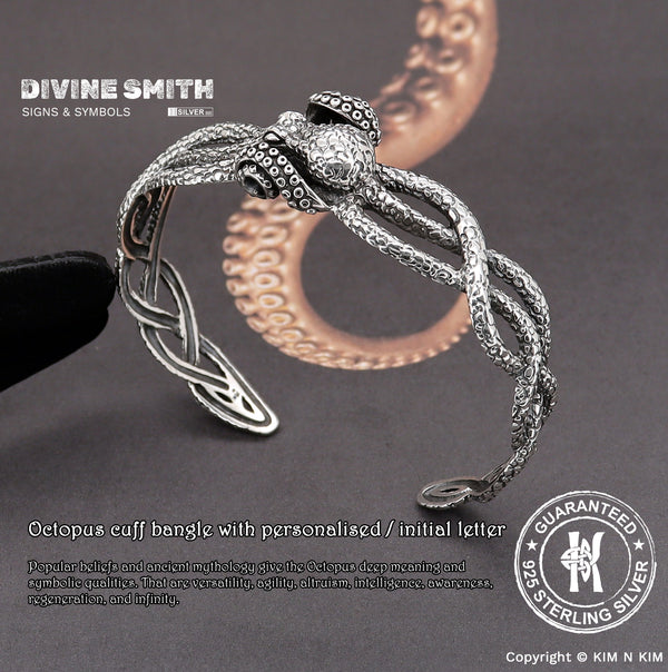 925 Sterling Silver Octopus cuff bangle with personalised Initial letter
