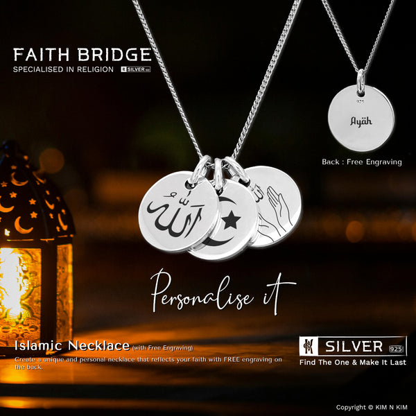 925 Sterling Silver Islamic Necklace, Personalised, Allah, Dua Hands, Star and Crescent, Hamsa