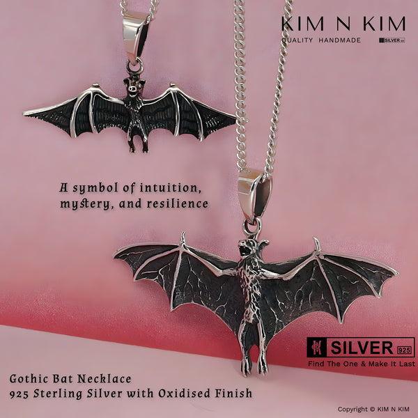 Gothic Bat Necklace – Handmade 925 Sterling Silver Pendant with Oxidised Finish