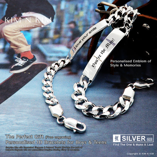 Customisable Premium Quality Solid 925 Silver ID Bracelet for Boys & Teens