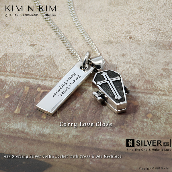 Sterling Silver Coffin Locket Necklace with Cross & Personalised Engraved Bar