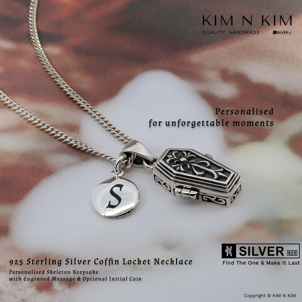 925 Sterling Silver Coffin Locket Necklace – Personalised Skeleton Keepsake with Engraved Message & Optional Initial Coin