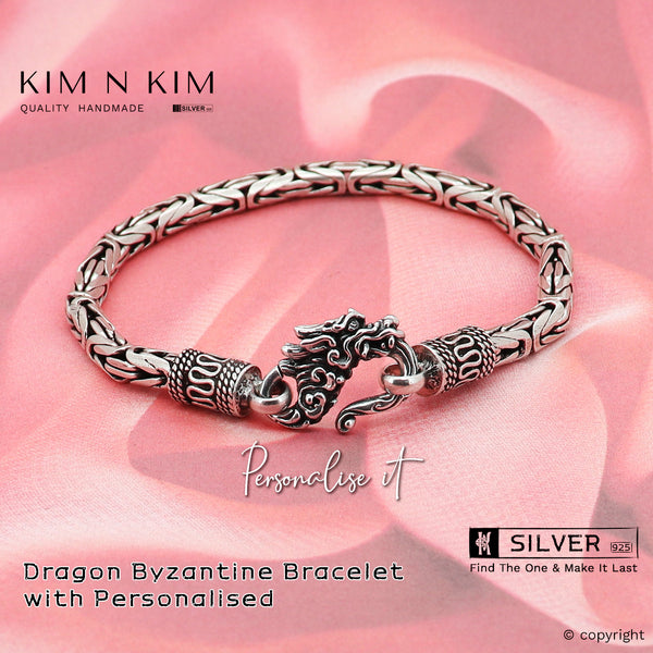 925 Sterling Silver Dragon Byzantine Bracelet with Personalised