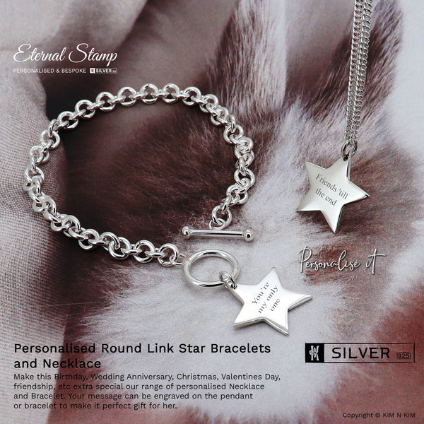 925 Sterling Silver Personalised Round Link Star Necklace and Bracelet