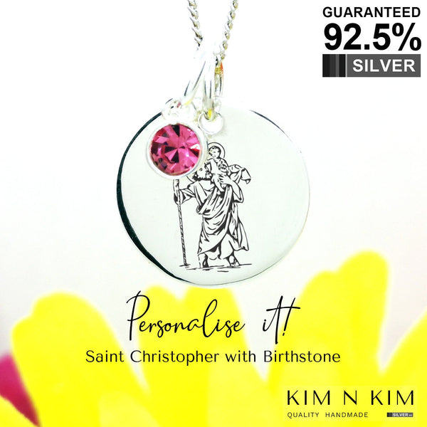 925 Sterling Silver Personalised St Saint Christopher Protect with Crystal Birthstone Necklace
