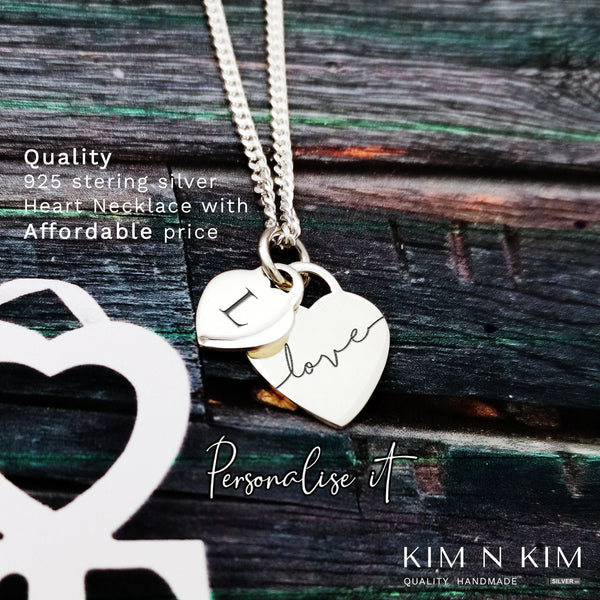 925 Sterling Silver Double Heart pendant Necklace, Personalised with Engraving