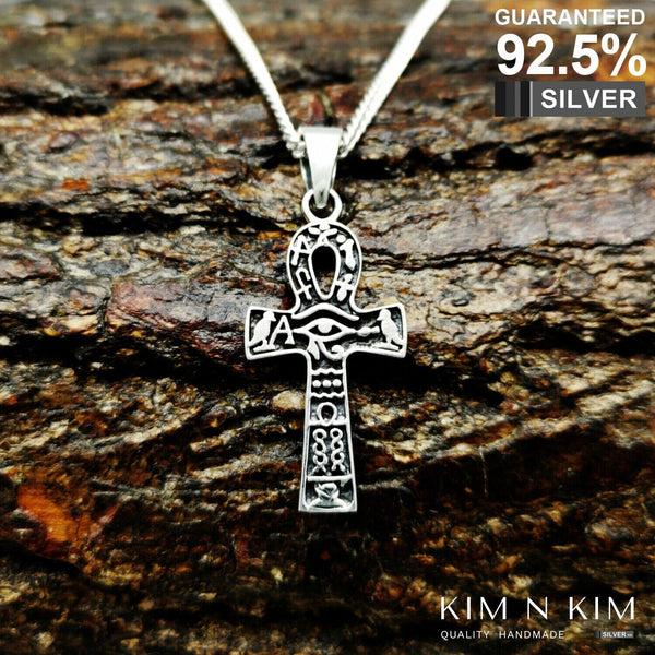 925 Sterling Silver Small Ancient Egyptian Ankh Cross with Hieroglyphs