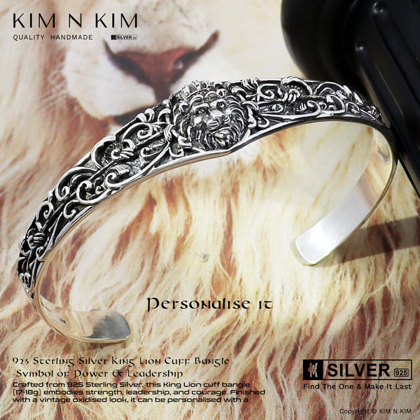 925 Sterling Silver king lion cuff bangle with personalised