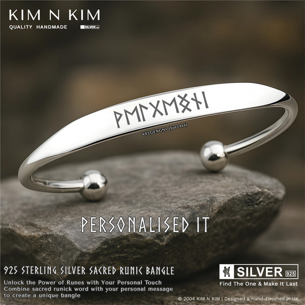 Sacred Runic Silver Bangle – Personalised Norse Symbol Cuff in 925 Sterling Silver