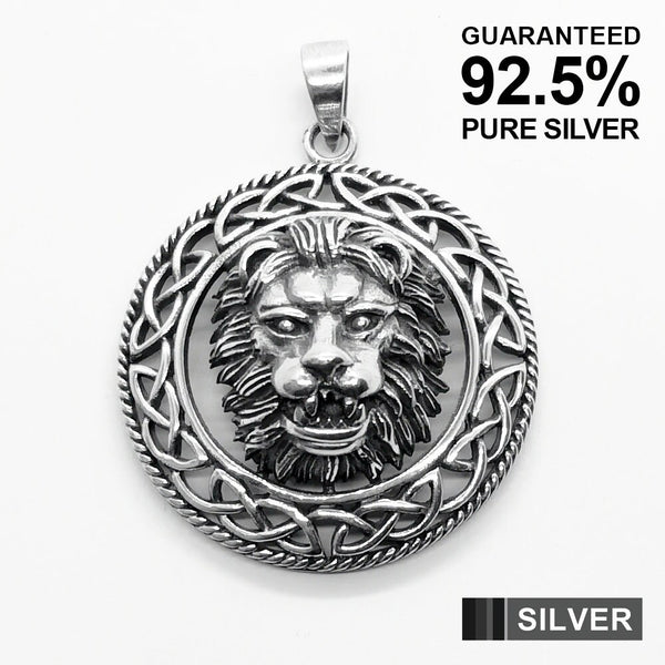 925 Sterling Silver 3D LION Head Celtic Leo Pendant