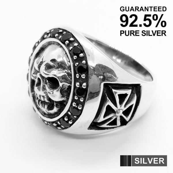 925 Sterling Silver Skull Head with Black Cubic Zirconia Signet Ring