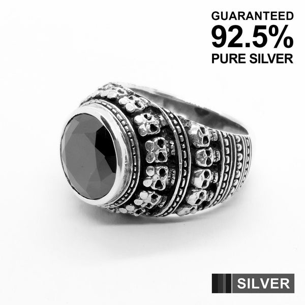 925 Sterling Silver Multi Skull Heads with Black CZ Signet Ring