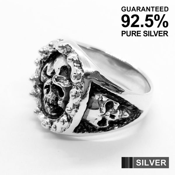 925 Sterling Silver Skull Head with Bike Chain Signet Ring