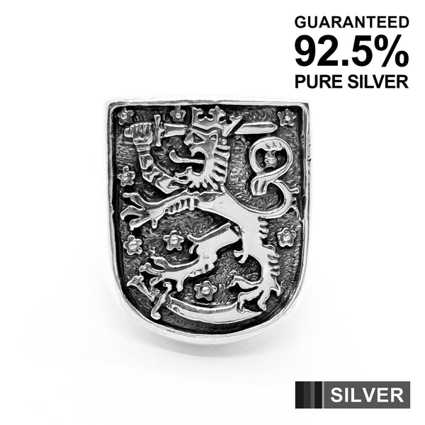 925 Sterling Silver Lion with Sword Knight Shield Ring(Coat of arms of Finland)