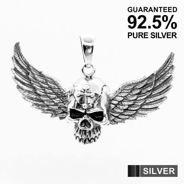 925 Sterling Silver 3D Skull with Large Wing Pendant / Gothic / Solid / Quality