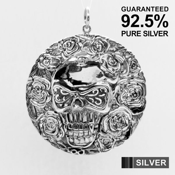 925 Sterling Silver Large Skull and Rose Medal Pendant