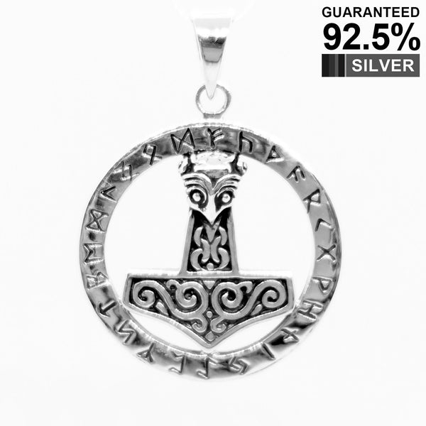 925 Sterling Silver Thor’s Hammer Mjolnir Norse Viking Runes Circle Pendant