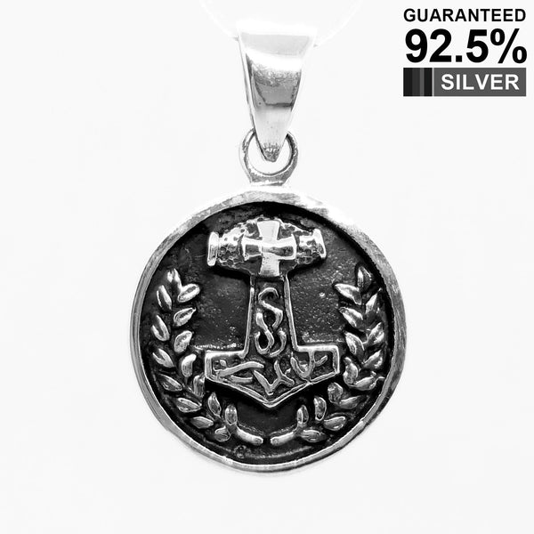 925 Sterling Silver Thor’s Hammer Mjolnir Norse Viking Laurel Circle Pendant